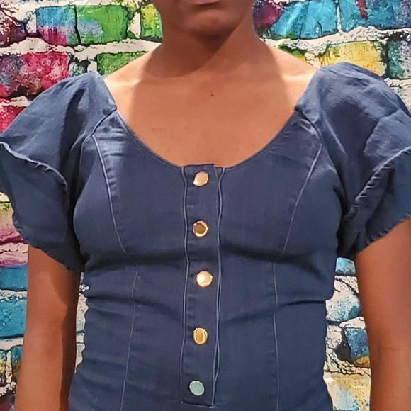 Puff Sleeve Denim Bodysuit - Picture 7 of 9